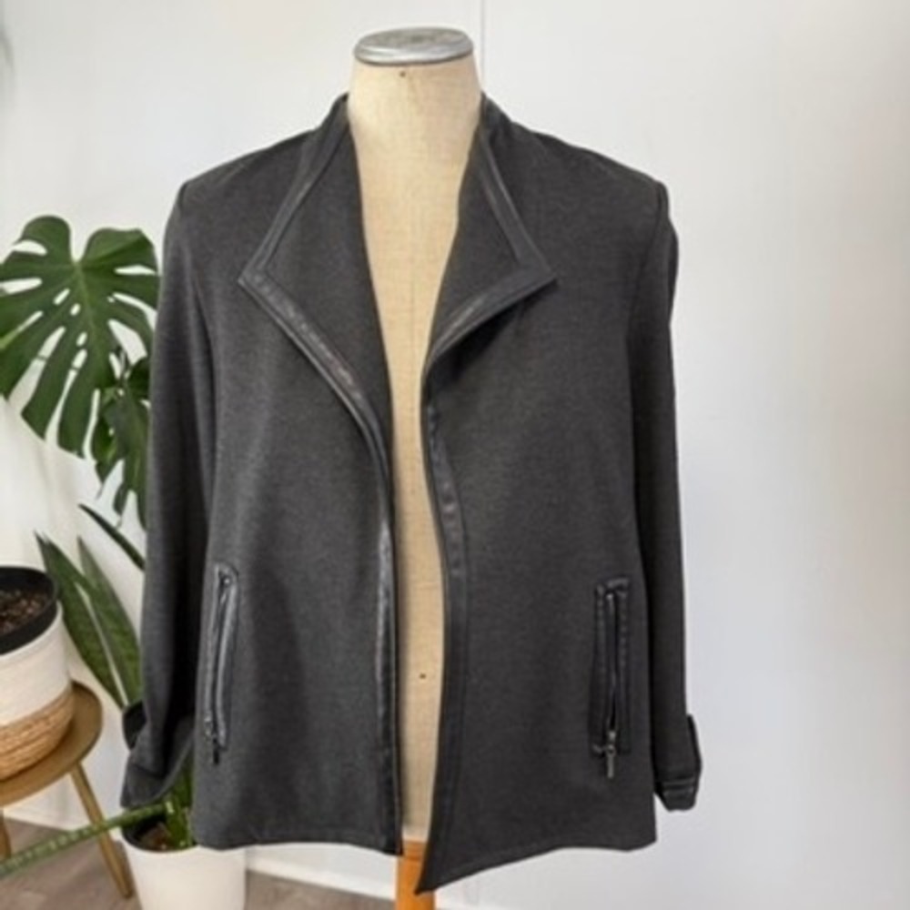 Joseph Ribkoff Jacket Womens 10 Grey Faux Leather Trim Open Front Knit Blazer